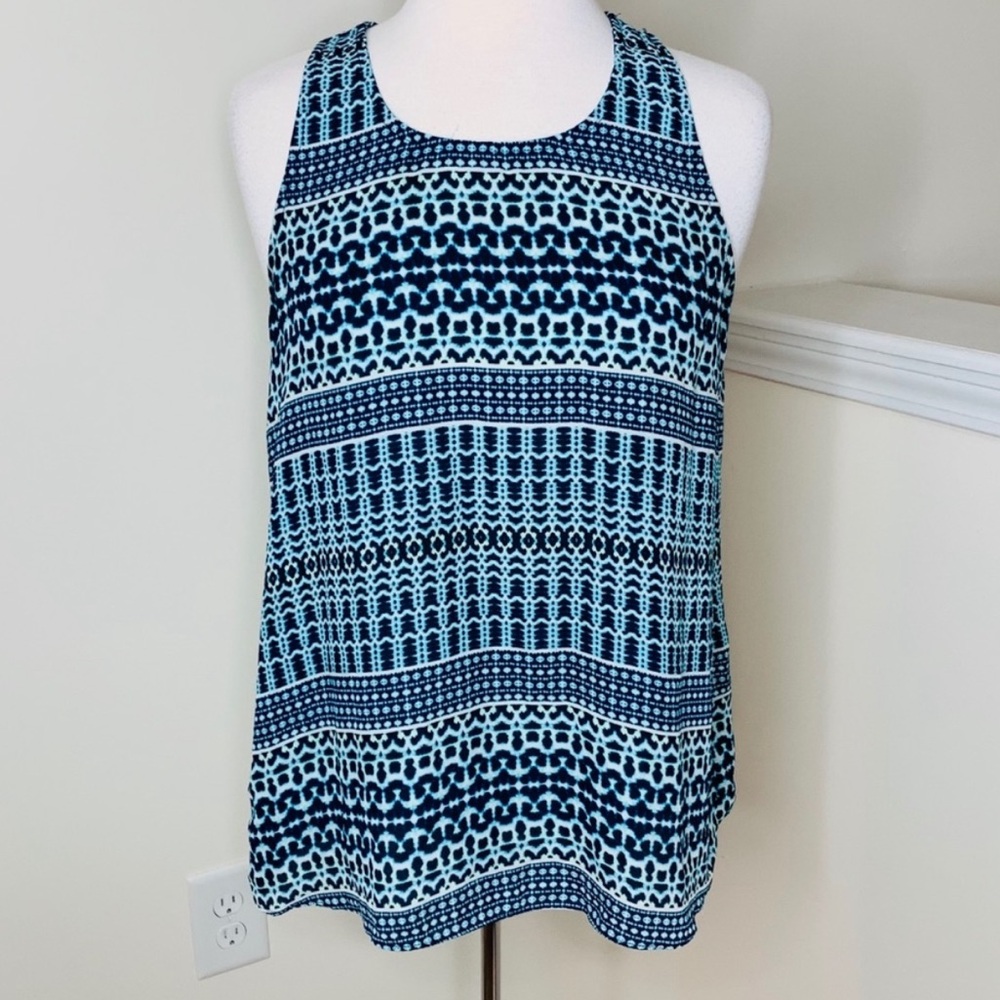 Cynthia Rowley Racerback Tank Top Knotted Twist Back Green Blue Print Small S